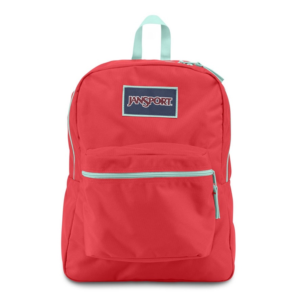 Bright red and blue Jansport backpack.